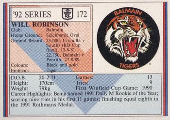 1992 Regina NSW Rugby League #172 Will Robinson Back